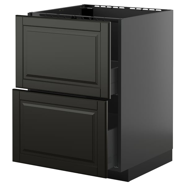 Sort moderne køkkenskab med to store skuffer og dristigt design.