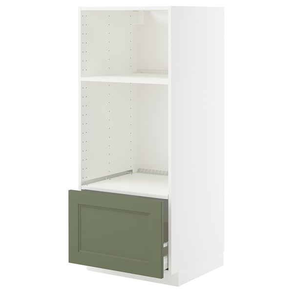 Hvidt køkkenelement med grøn skuffe, moderne design, justerbar hylde.
