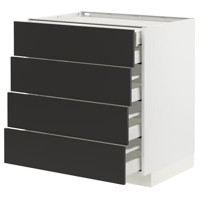 Moderne køkkenskab, hvid med sorte skuffer, slankt minimalistisk design, fire skuffer, robust og funktionel.