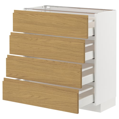 Viser et METOD køkkenskab med fire lyse træfarvede skuffer og en hvid bund. Designet er et minimalistisk look med integrerede håndtag.