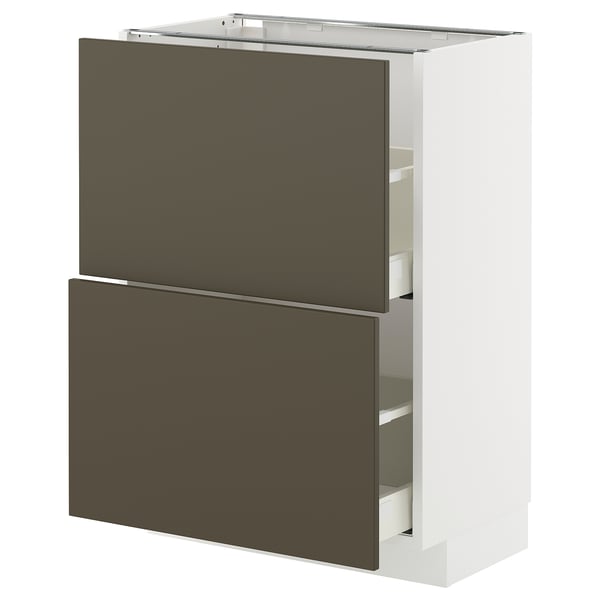 Moderne køkkenskab i mørkebrun/beige med slanke skuffer og hvid ramme.