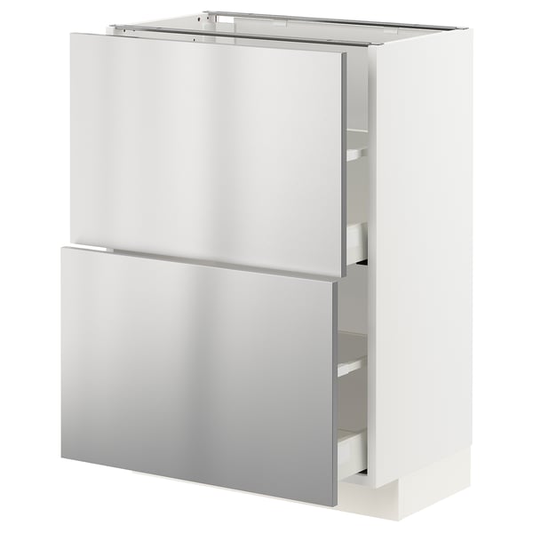 Et ikea METOD køkkenskab i hvid med skuffer i rustfrit stål. Den har et slankt, moderne design, der passer til moderne køkkener.