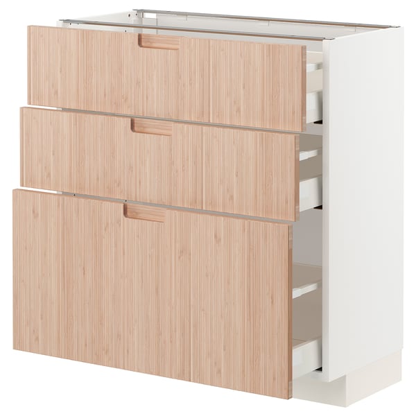 Moderne køkkenelement, METOD, naturlige bambusskuffer med lyse træårer, slankt minimalistisk design, tre udtræksskuffer og to faste hylder.