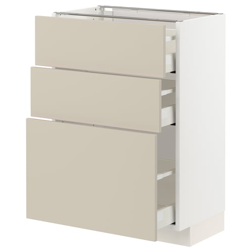 Et beige METOD køkkenmøbel med tre skuffer og en hylde. Dens design er slankt og moderne, ideelt til organiseret opbevaring.