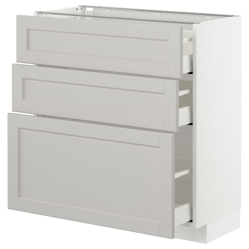 Hvid METOD køkkenenhed med tre skuffer og et skab, moderne design.