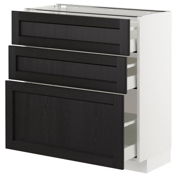 En ikea METOD køkkenenhed med skuffefronter i mørkbejdset træ, tre skuffer og et slankt moderne design.