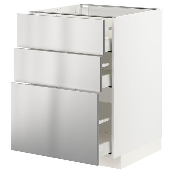 Et hvidt METOD køkkenskab med håndtag i rustfrit stål og tre skuffer. Designet er moderne og elegant.