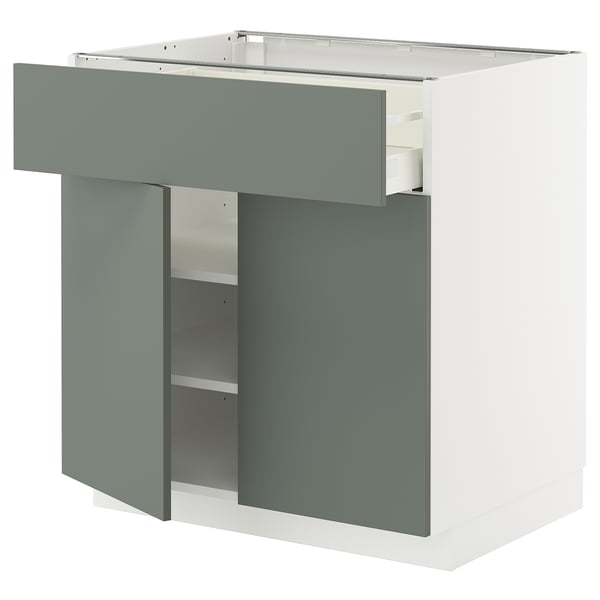 METOD køkkendel i grågrøn med en åben skuffe og hylde, slankt moderne design.