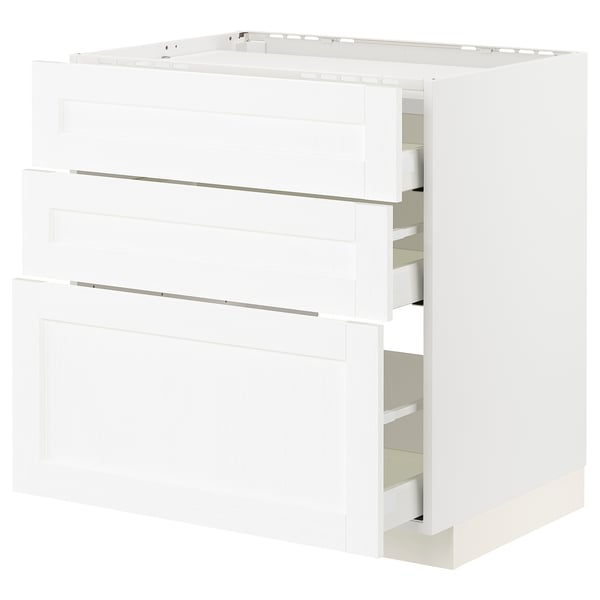 En hvid ikea METOD køkkenenhed med tre skuffer og en låge, lavet af spånplader og plastfolie.