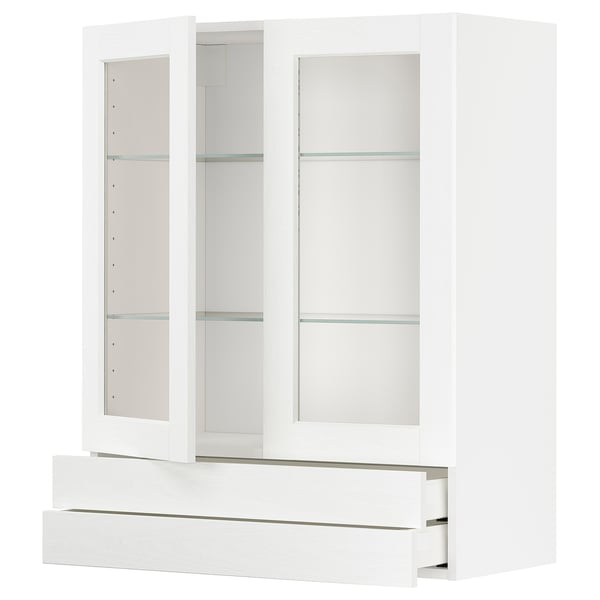 Hvid METOD køkkenskab med glaslåger, tre hylder og to skuffer, moderne design.