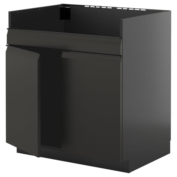 Moderne sort køkkenskab, slankt design, robust konstruktion, aluminiumshåndtag.