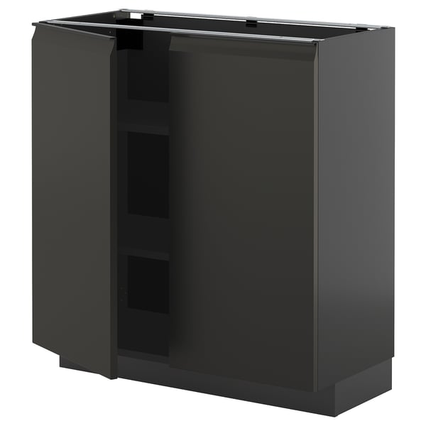 Moderne sort køkkenskab med slanke låger og håndtag, rektangulær form, blank finish.