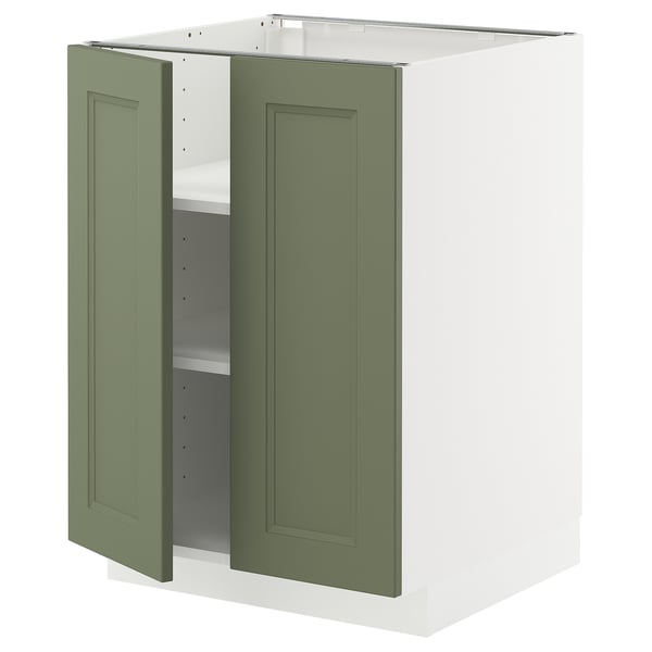 Grønt to-dørs køkkenskab med hvid ramme, moderne design.