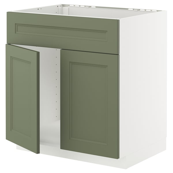 Grønt køkkenskab, hvidt interiør. Certificerede møbler med moderne, klassisk design.