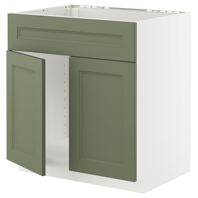 Grønt køkkenskab, hvidt interiør. Certificerede møbler med moderne, klassisk design.