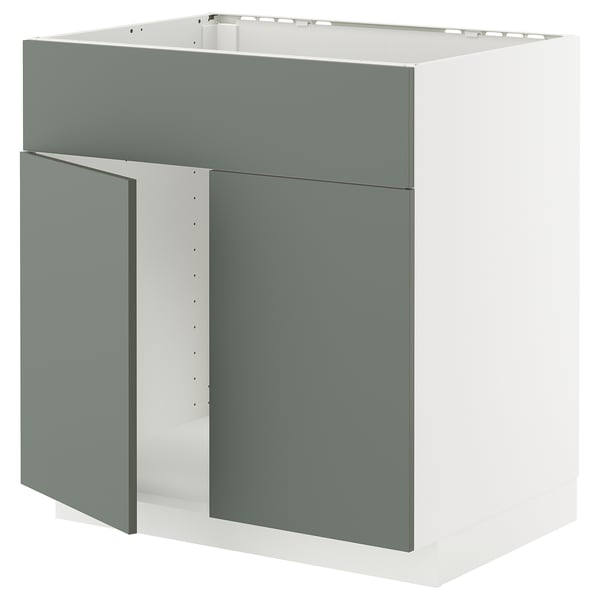 Moderne grågrønt køkkenskab med hvid bund med slanke, flade låger og minimalistisk design.