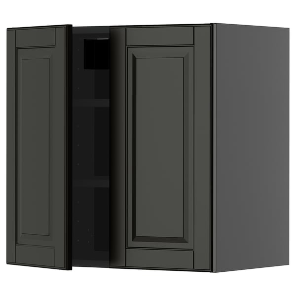 Sort køkkenskab med enkelt dør åben, moderne design, mørkegrå finish, rektangulær form.