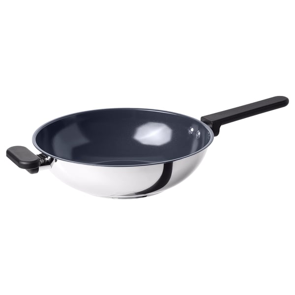 Midagsmat wok, sølv med sort håndtag, keramisk non-stick, rund form, effektivt design.