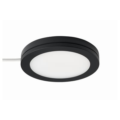 MITTLED sort cirkulært led lys, slankt design, udsender blød hvid glød, energieffektiv.