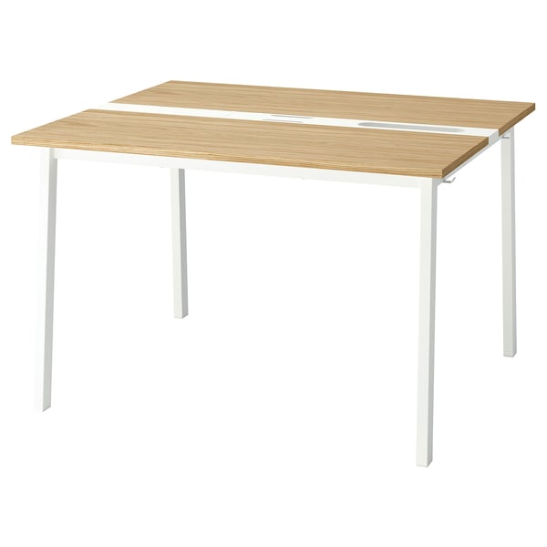MITTZON skrivebord, lysebrun top, hvide ben, rektangulær form, minimalistisk design.