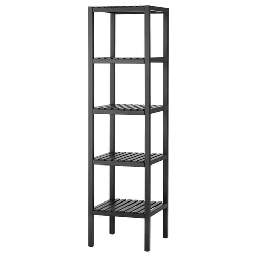 Sort MUSKAN reol, 4 hylder, akrylmaling, asp, klar lak, slankt design.