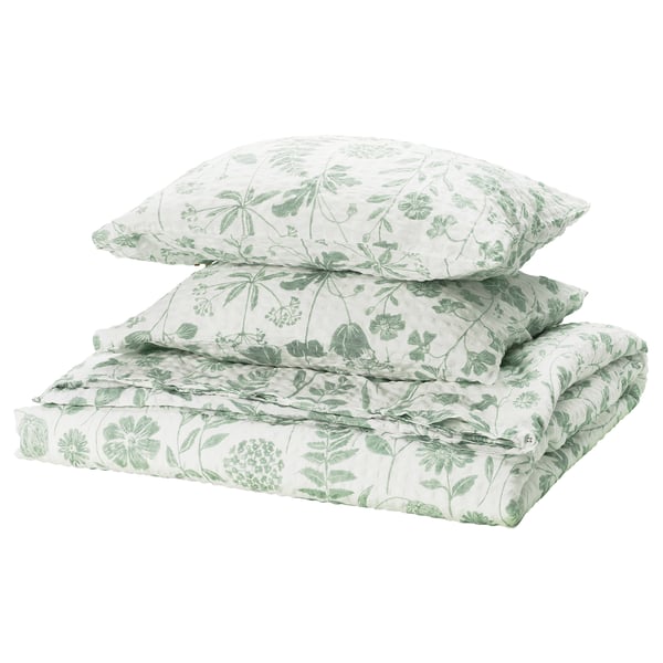 Botanisk-tema sengetøj, hvidt med grønt blomsterprint, rektangulær form, blød bomulds-viskose-blanding.