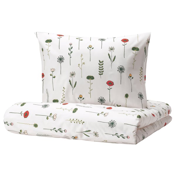 NATTSLÄNDA dynesæt, hvid med blomsterdesign, blød bomulds-lyocell, rektangulær, dekorativ pude inkluderet.