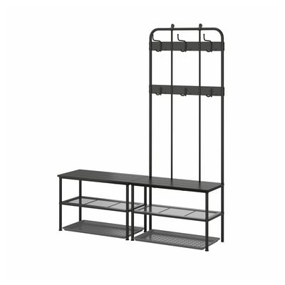 Sort metal knagerække med bænk og skoopbevaring. Tre niveauer, kroge og nethylder. Moderne industrielt design.