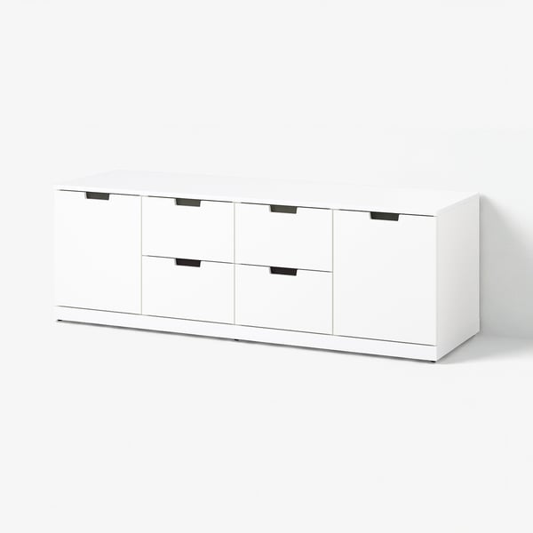 Hvid NORDLI-kiste: seks skuffer, slank, moderne design for et rent udseende.