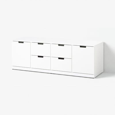Hvid NORDLI-kiste: seks skuffer, slank, moderne design for et rent udseende.
