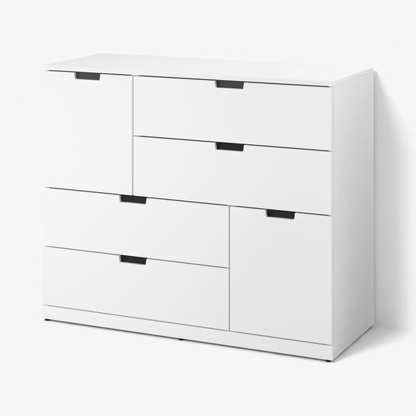 Hvid NORDLI-kiste, moderne minimalistisk design, seks skuffer.