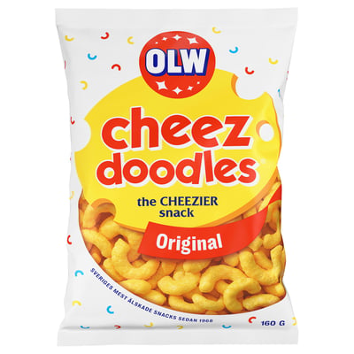 Olw cheez doodles taske, original smag osteboller, 160 g, lysegul emballage.