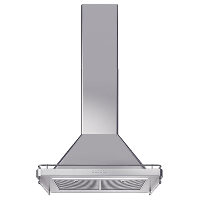Sølv emhætte med led lys, krydderihylde, rustfrit stål, trekantet form, moderne design.