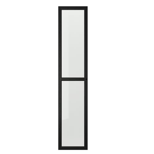 Glasdør med sort indramme, rektangulær, moderne design.