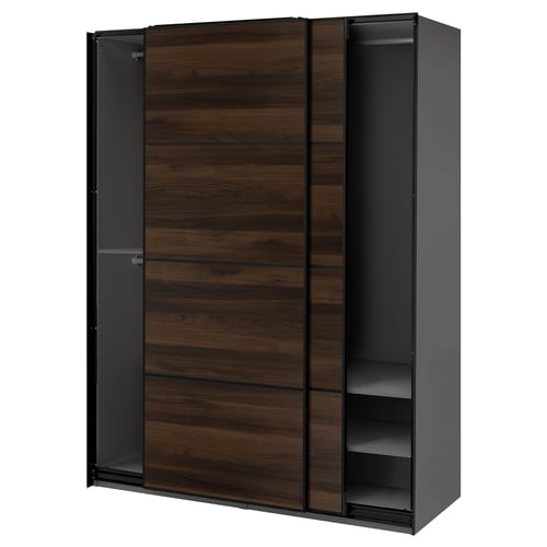 PAX-garderobe , mørkebrun, slankt design med skydedøre, træfinish, høj rektangulær form.