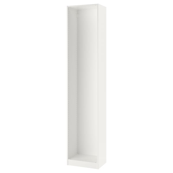 Et hvidt ikea PAX garderobestel, slankt og rektangulært, lavet af papirfolie og spånplader med justerbare fødder.