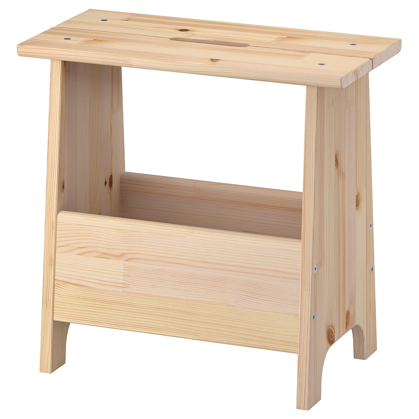 PERJOHAN træskammel i naturlig farve, rektangulær form med ben, åben opbevaring nedenunder.