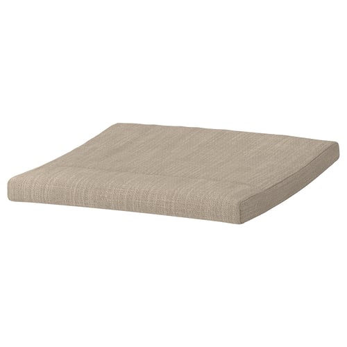 En ikea POÄNG fodskammelpude, beige, firkantet, med strukturbetræk og kantsyninger.