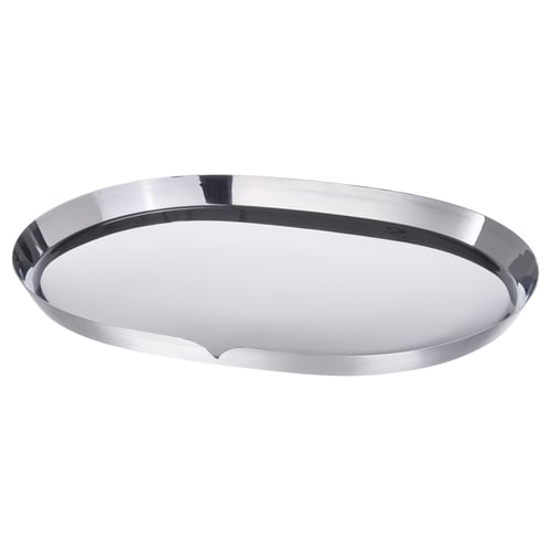En skinnende, sølvfarvet, rund, metallisk bakke med en let læbe rundt om kanten, designet til servering.