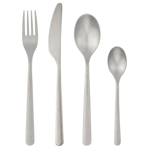 PRAKTBOTIA sølvbestiksæt: gaffel, kniv, to skeer. Rustik mat finish, rustfrit stål, elegant design.