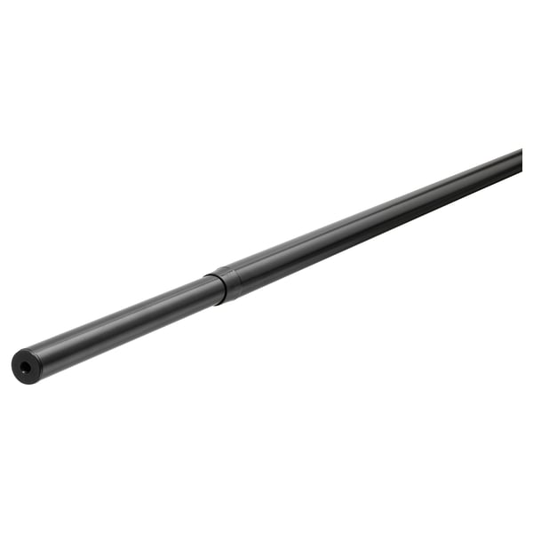 Sort justerbar gardinstang i metal; fleksibel, cylindrisk form.