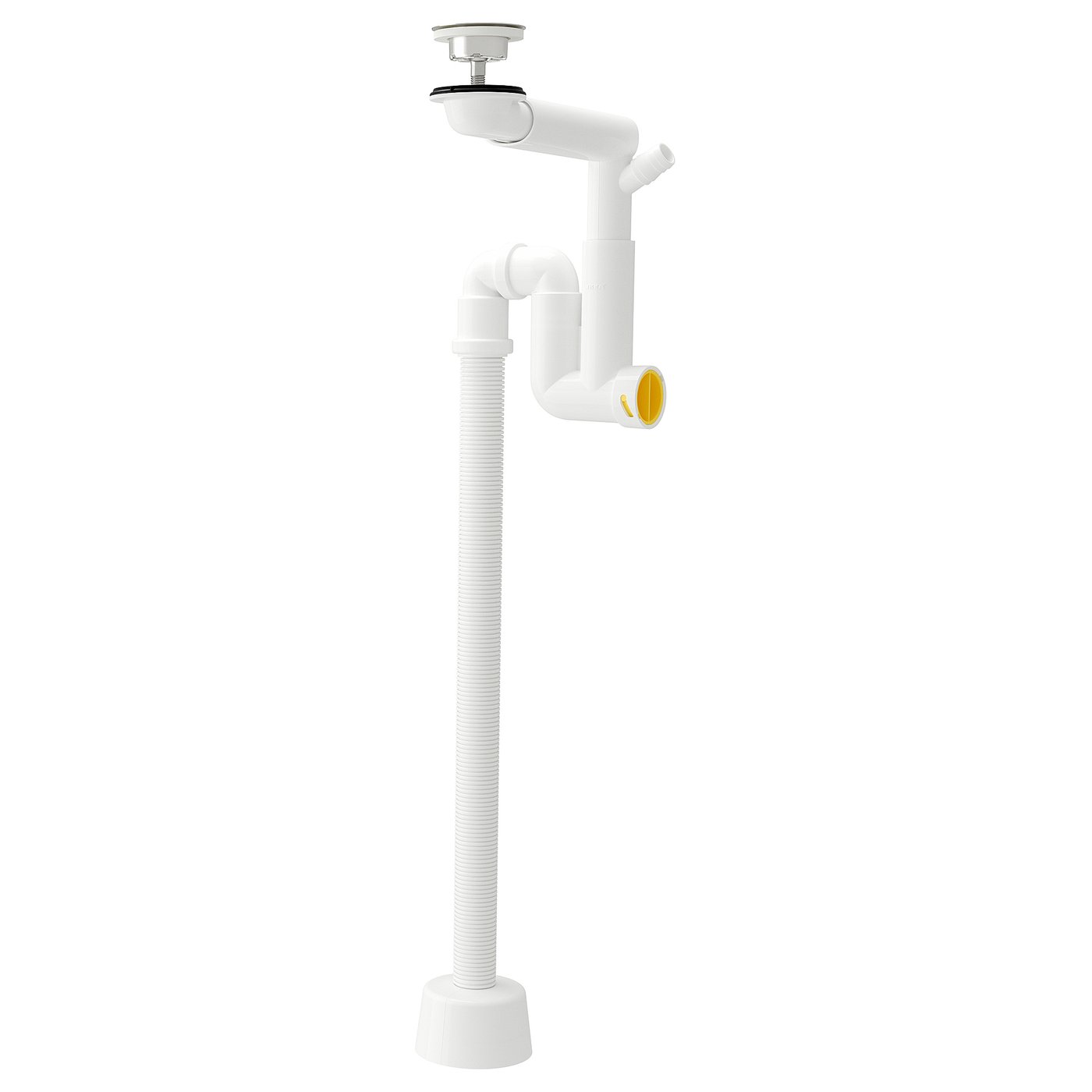 En hvid IKEA RÄNNILEN vandlås. Den er cylindrisk med fleksible rør, designet til installation under vasken.
