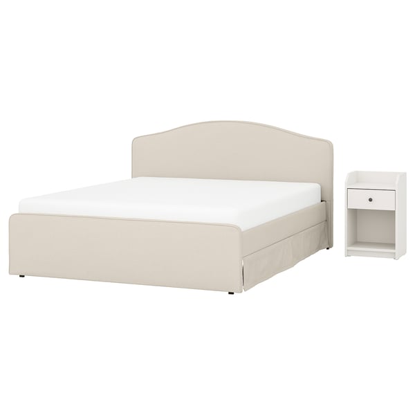 RAMNEFJÄLL beige sengesæt. Polstret seng med hvid madras, enkeltskuffe natbord. Moderne funktionelt design.