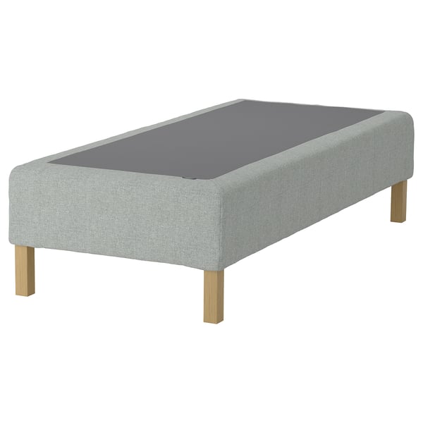 Viser en grå RENFJÄLLET-madrasbund med lyse træben, rektangulær form og minimalistisk design.