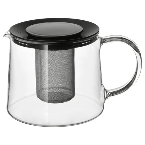 RIKLIG tekande i klart glas med sort låg og netindsats til teblade, håndtag på retsiden.
