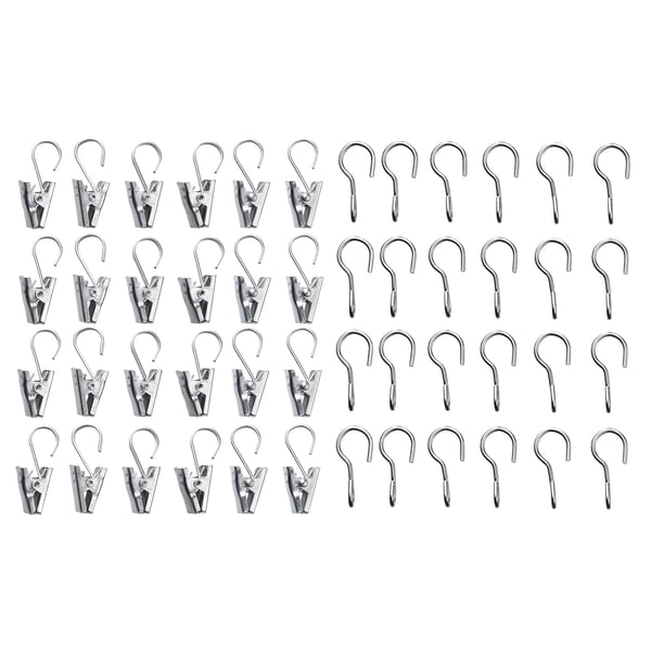 Sølvfarvede gardinclips og kroge i rustfrit stål. Organiseret, ideel til glat glidning på ledninger, perfekt til badeværelsesbrug.