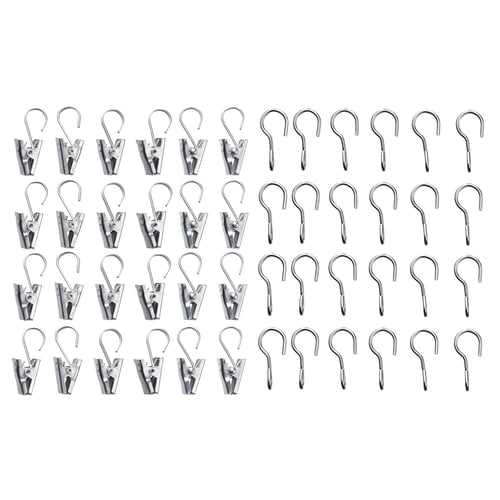 Sølvfarvede gardinclips og kroge i rustfrit stål. Organiseret, ideel til glat glidning på ledninger, perfekt til badeværelsesbrug.