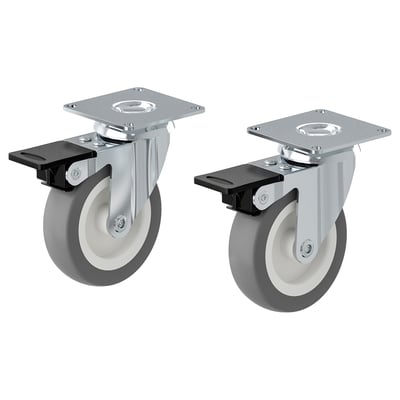 To grå og sorte hjul med bremsepedaler og firkantede metalbeslag.