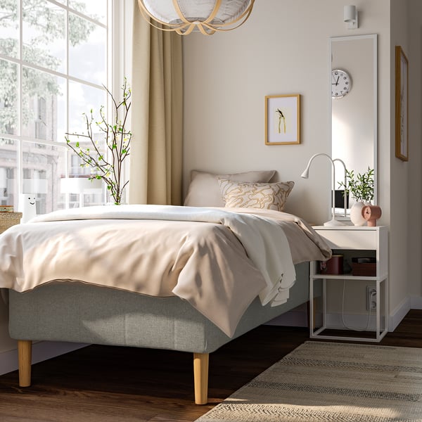 RISHÖJDEN Boxmadras med pocketfjedre, 7 zoner, inkl. ben fast/Tibbleby beige/grå, 90x200 cm