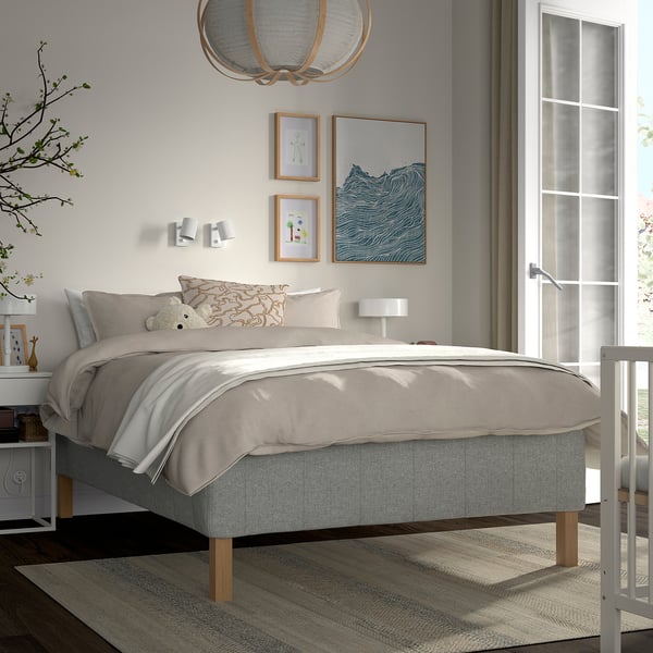 RISHÖJDEN Boxmadras med pocketfjedre, 7 zoner, inkl. ben medium/Tibbleby beige/grå, 120x200 cm